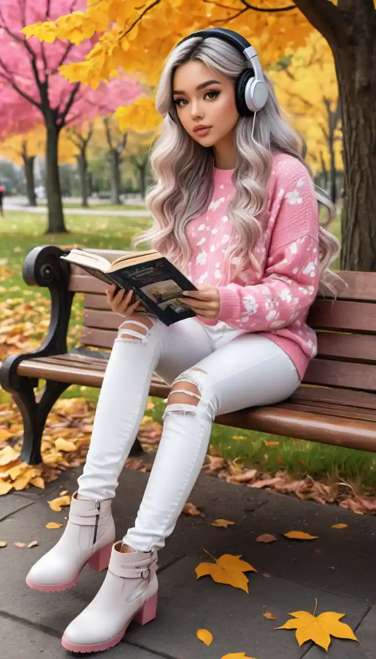 Young woman reading on a park bench in autumn
