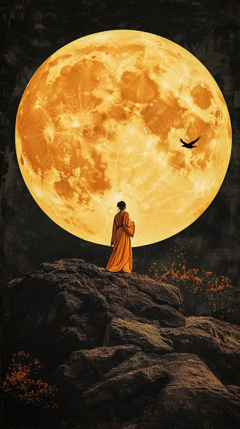 Woman on rocky cliff beneath a luminous golden full moon