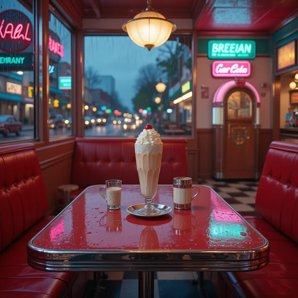 Cozy 1950s diner booth with milkshake and coffee