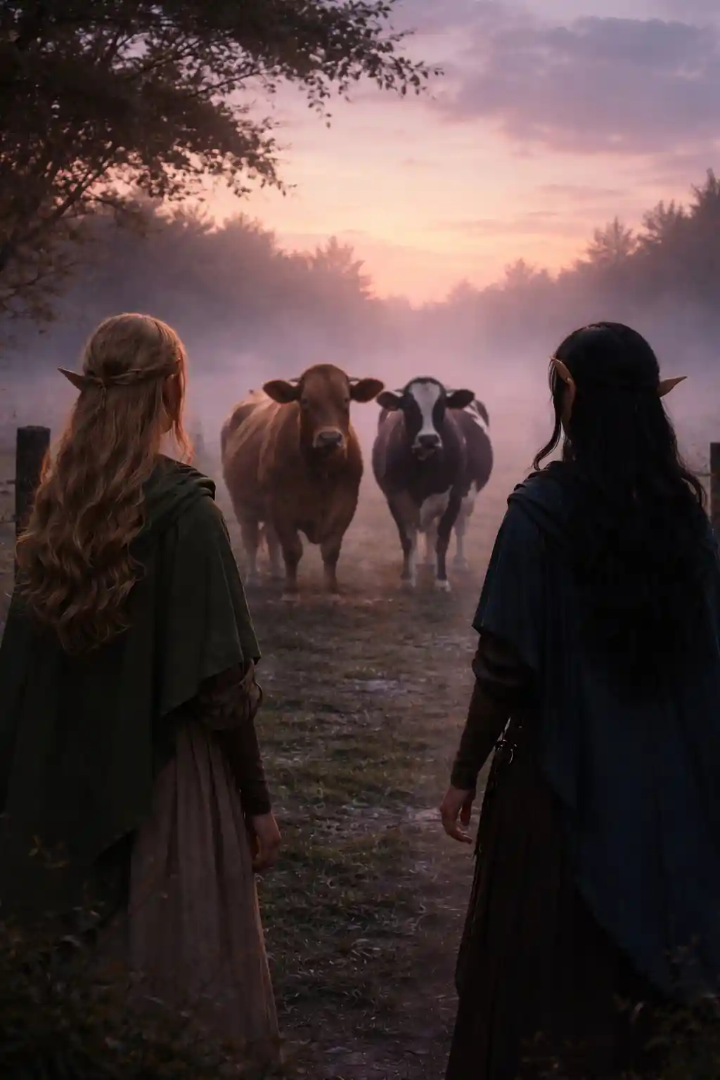Two girls walk through a dark farm paddock at dawn