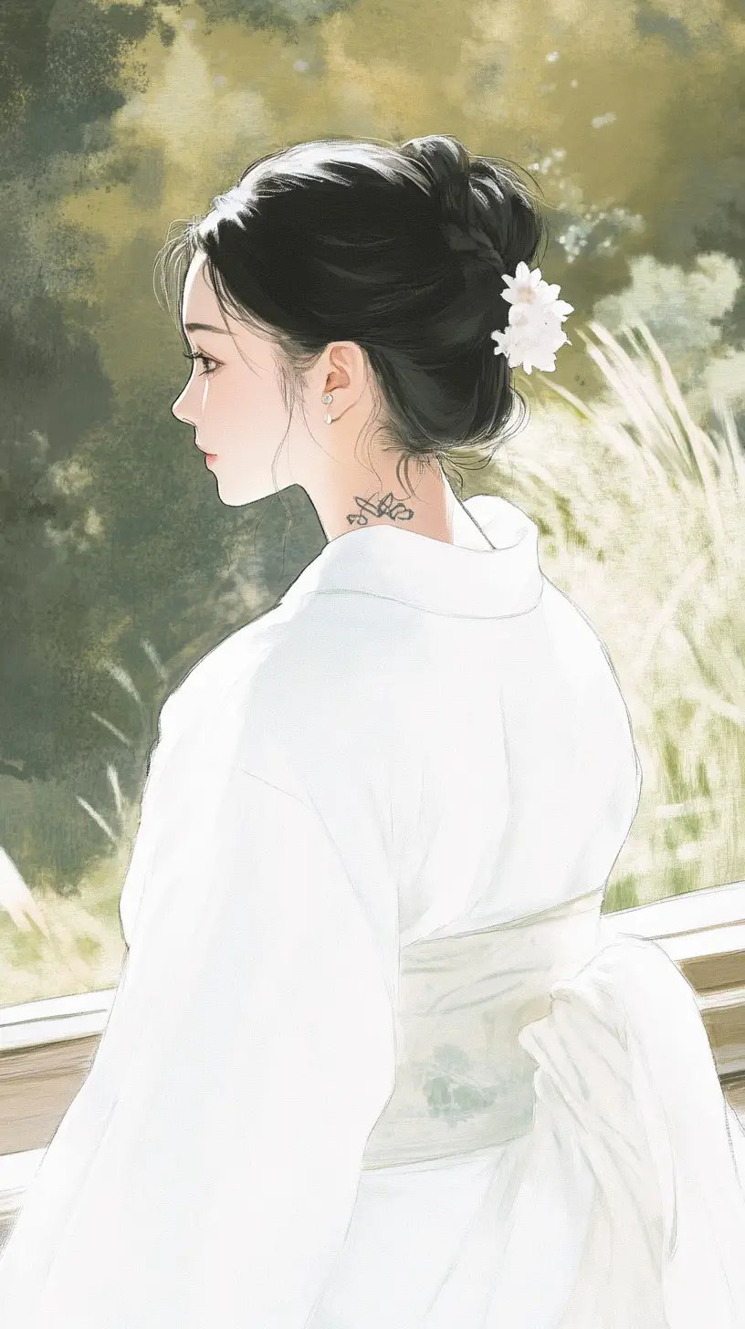 Serene woman in kimono with tattoos in Japanese print style