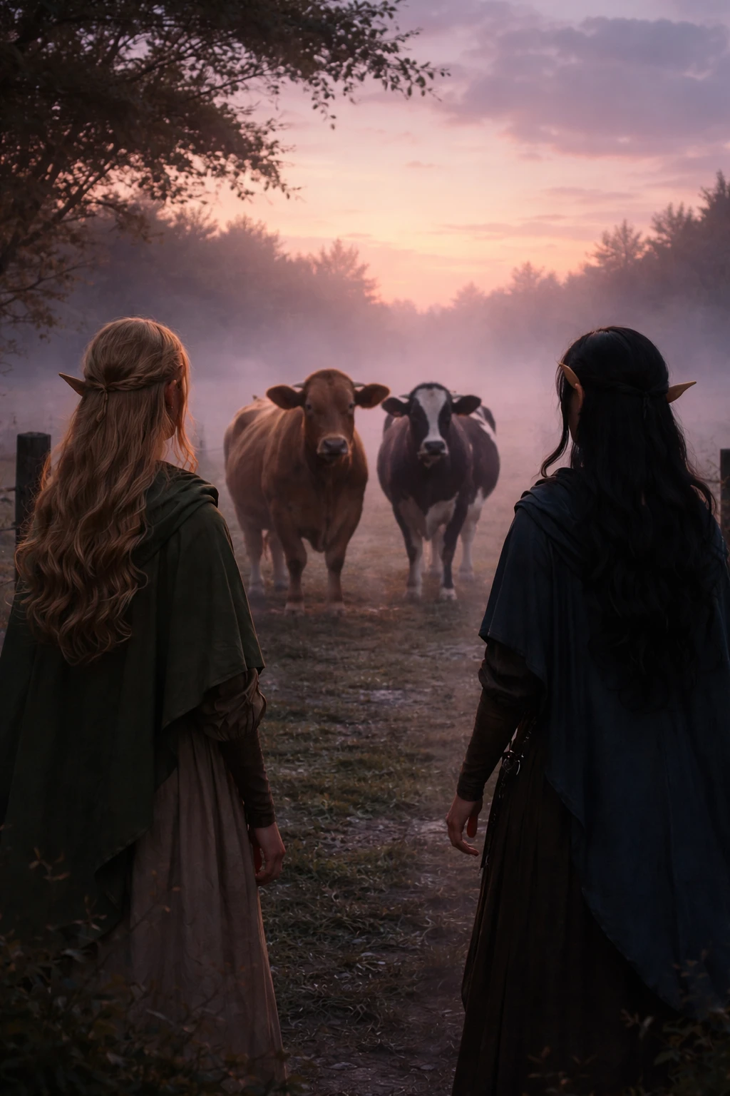 Dos niñas caminan por un oscuro potrero al amanecer