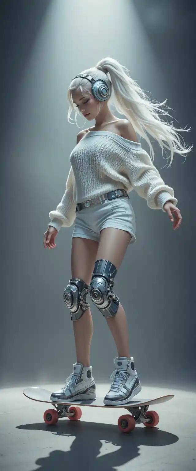 Cyberpunk woman skateboarding in dramatic studio portrait