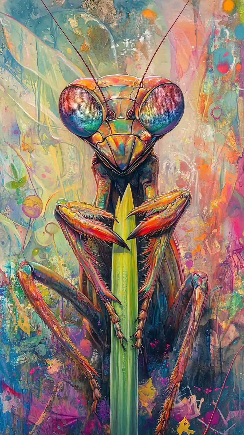 Surrealistische Gottesanbeterin auf Gras in wirbelnden psychedelischen Farben