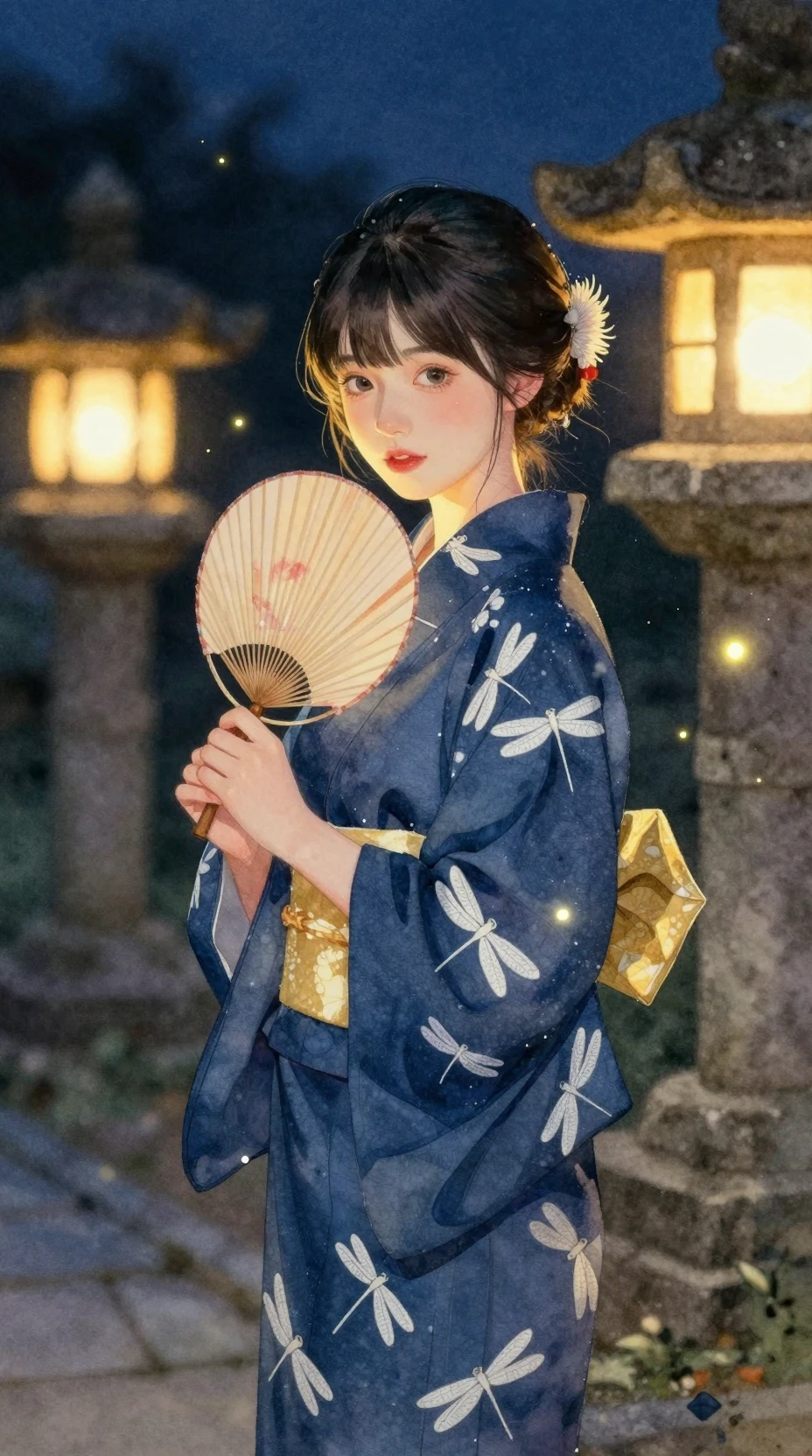 夜色中燈籠光下的靛藍浴衣少女