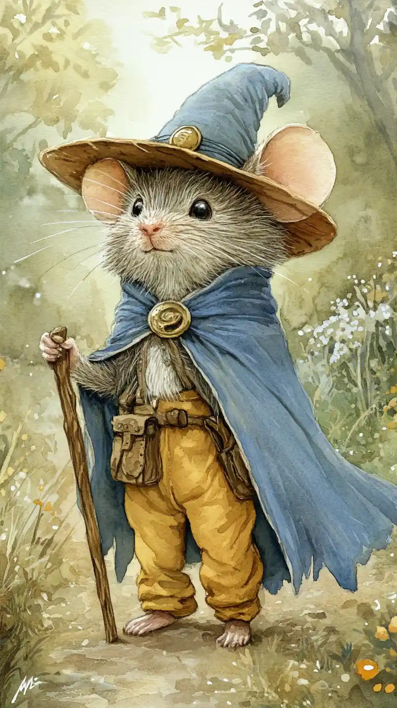 Watercolor traveler mouse walking through green countryside