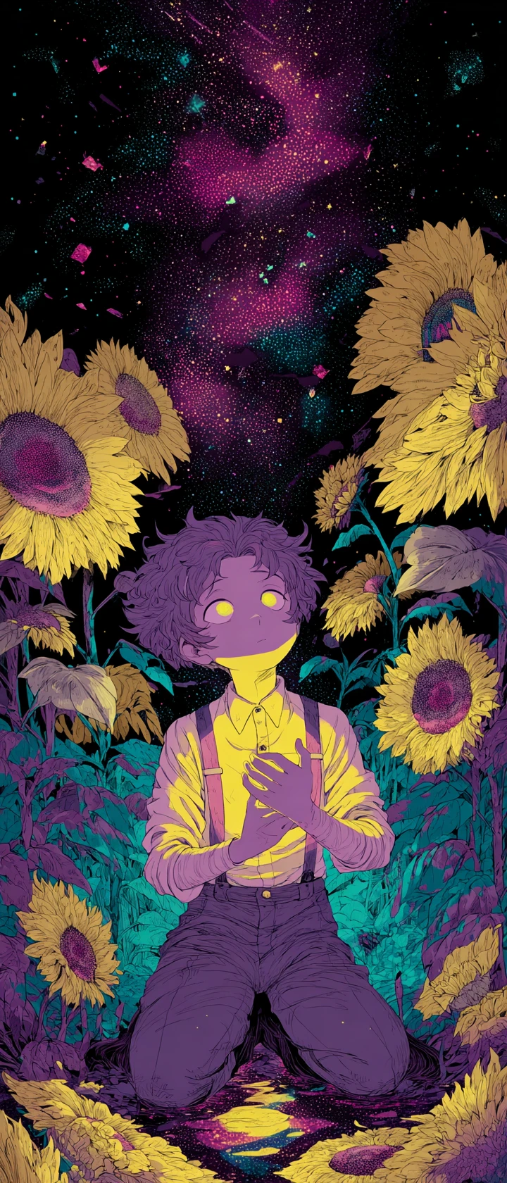 Chico de anime con ojos de galaxia entre girasoles cósmicos marchitos