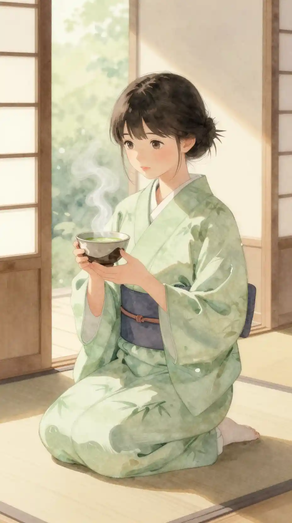 Young girl in green kimono during serene tea ceremony