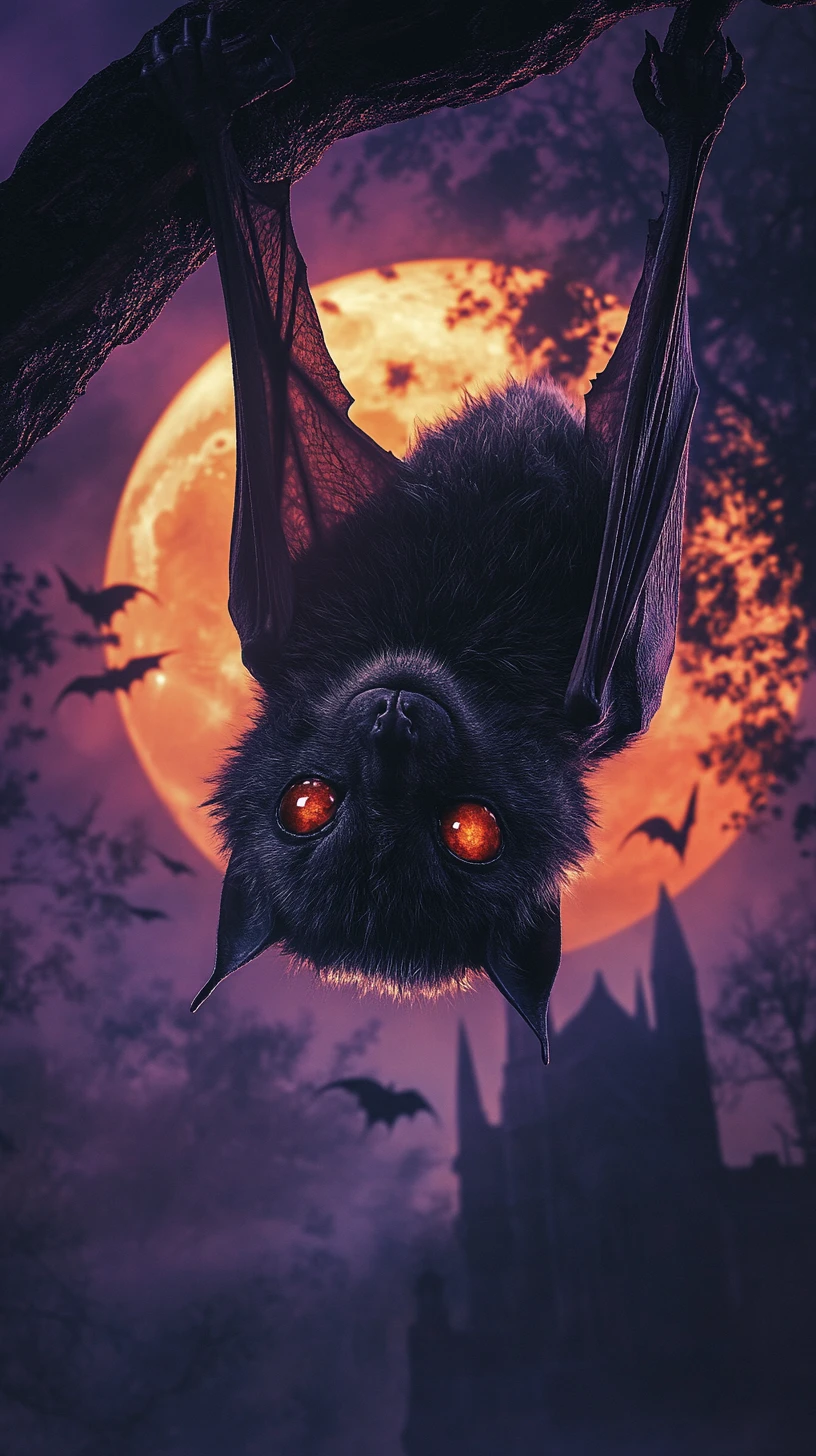Chauve-souris sinistre devant une lune flamboyante au-dessus de ruines gothiques