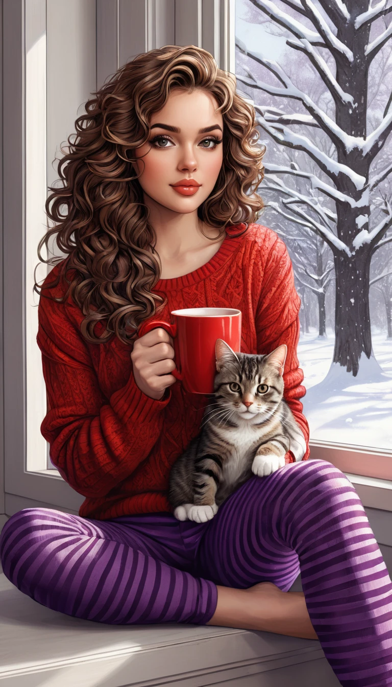 Woman With Cat By Window Holding Red Mug
