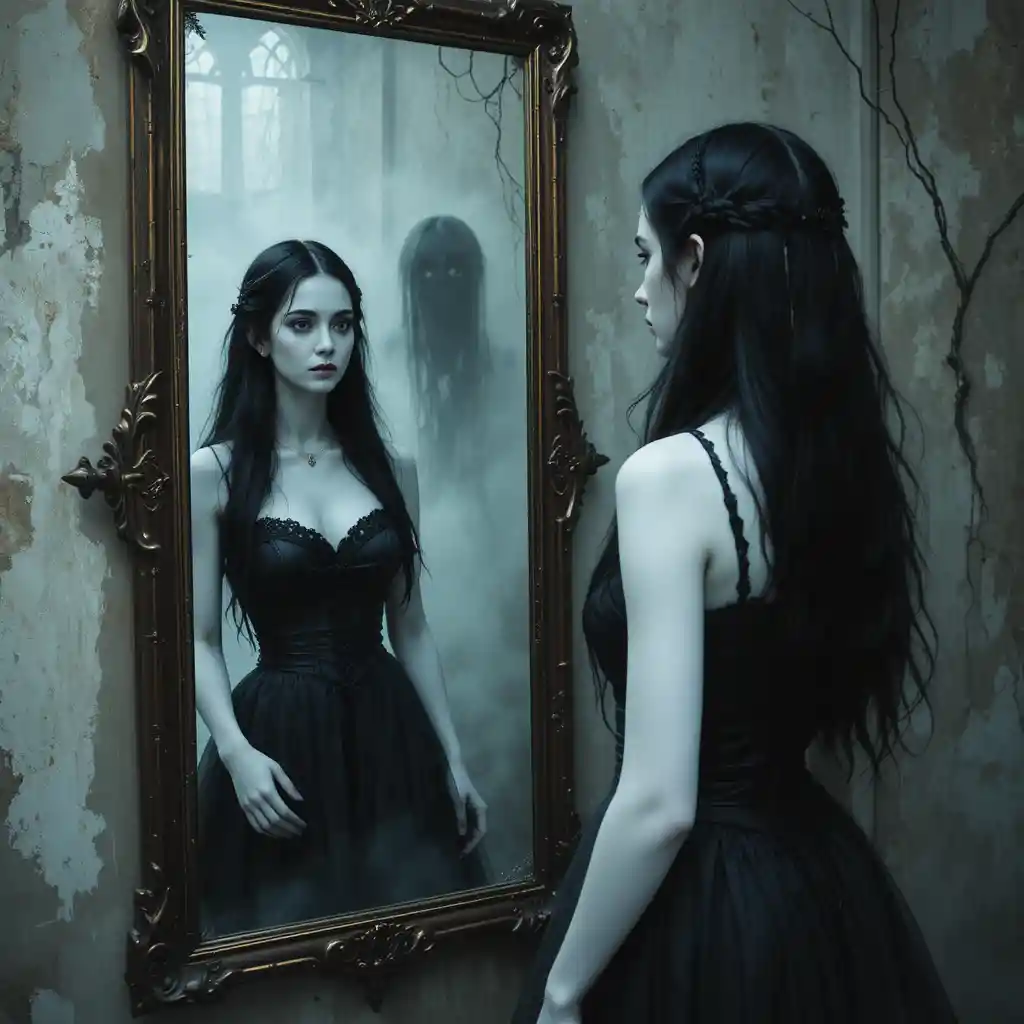 Gothic woman gazing into a mirror in impressionist style