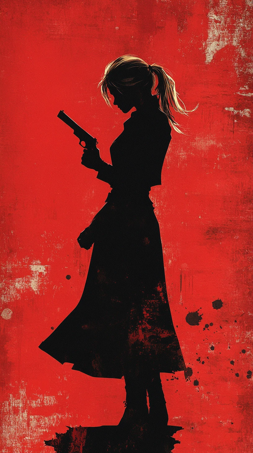 Ragazza in silhouette con pistola su sfondo grafico rosso