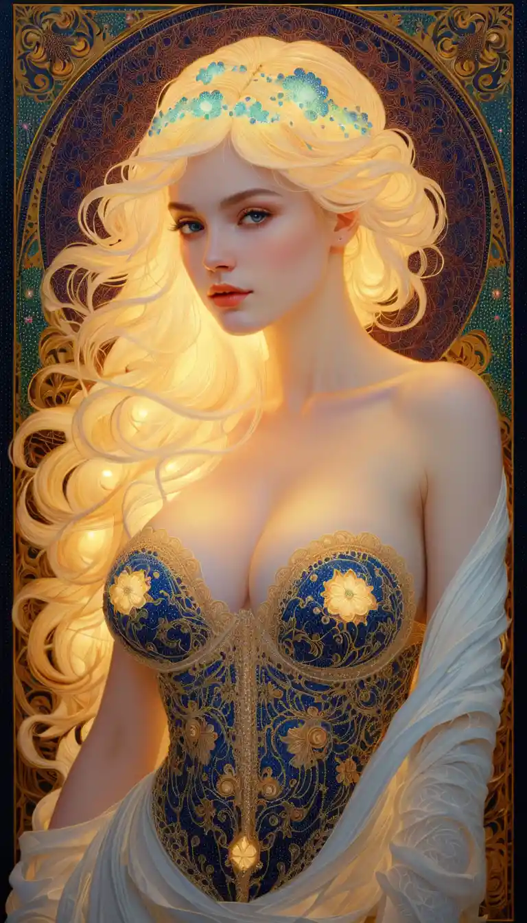 Ethereal woman rendered in luminous pointillist dots
