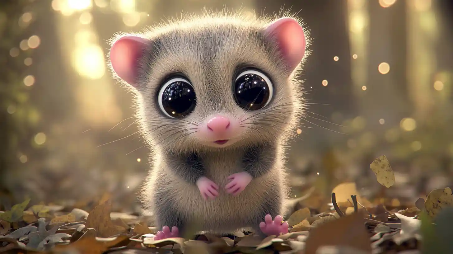 Cute chibi opossum exploring leaves at twilight