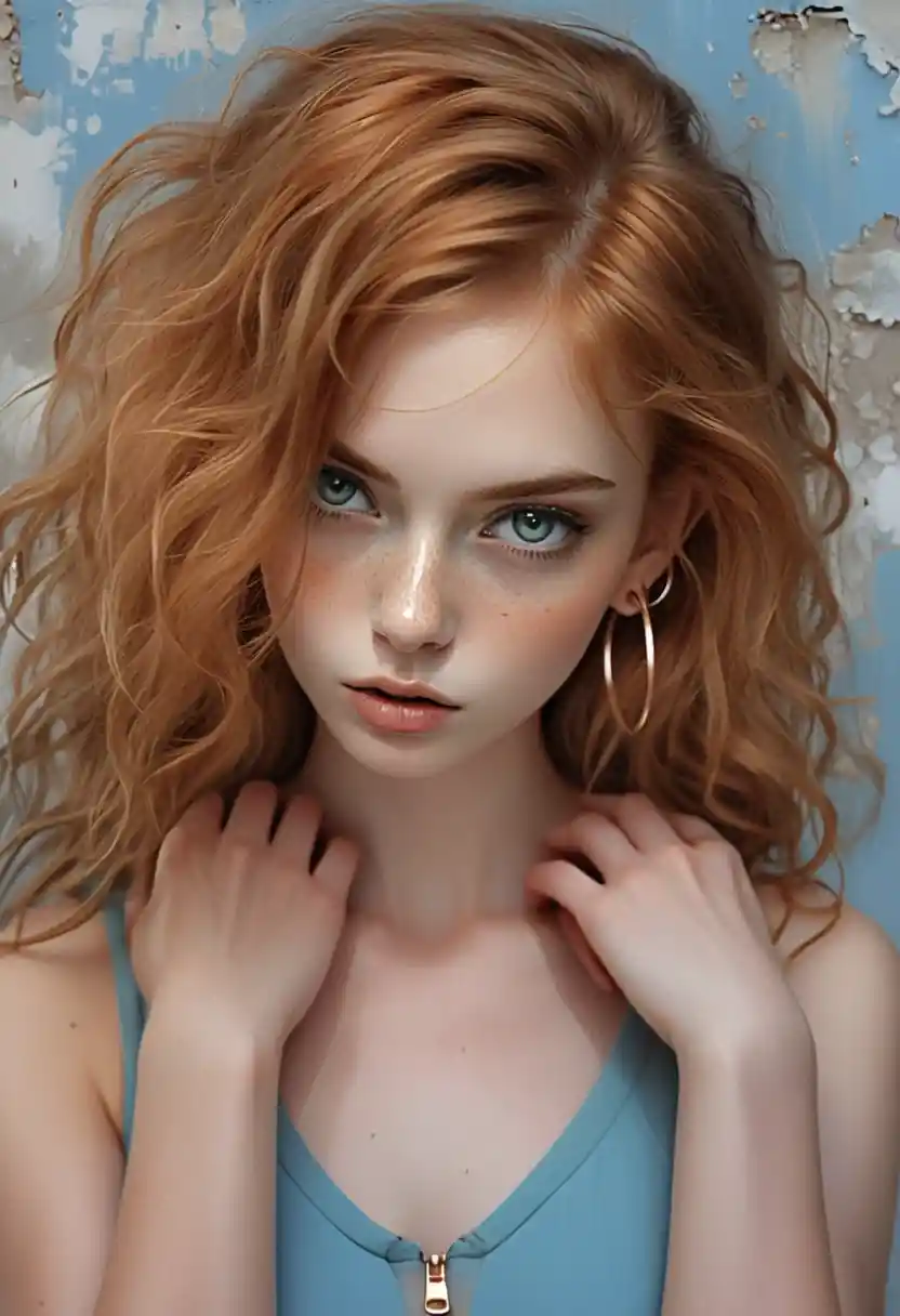 Retrato etéreo de garota ruiva diante de parede azul envelhecida