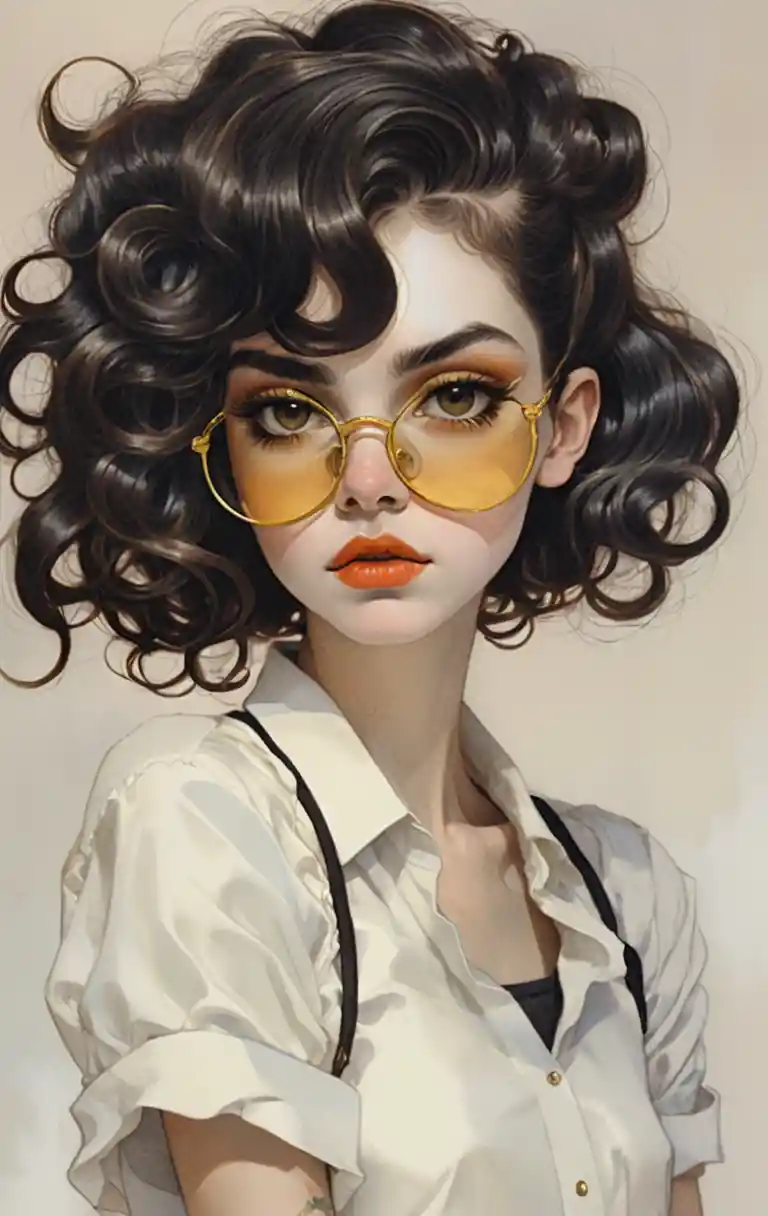 Donna stilosa con capelli neri ricci e occhiali retrò con lenti colorate