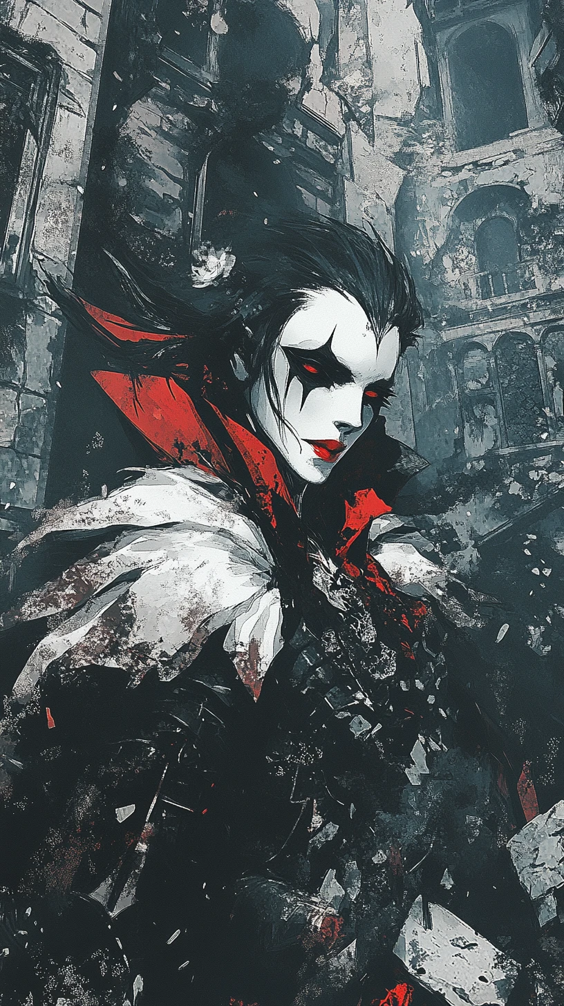 Harlequin figure in overgrown ruins of an ancient castle