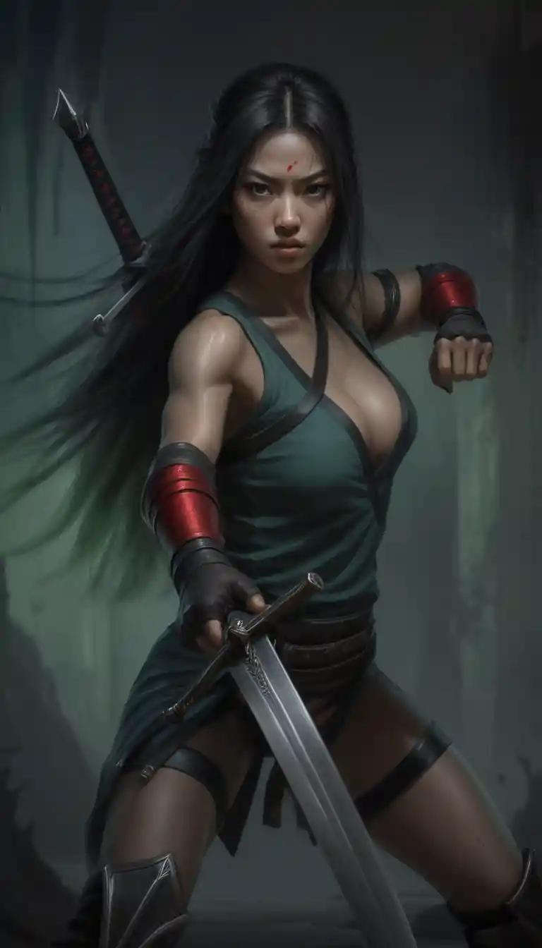 Muscular Asian warrior woman facing forward in dramatic light