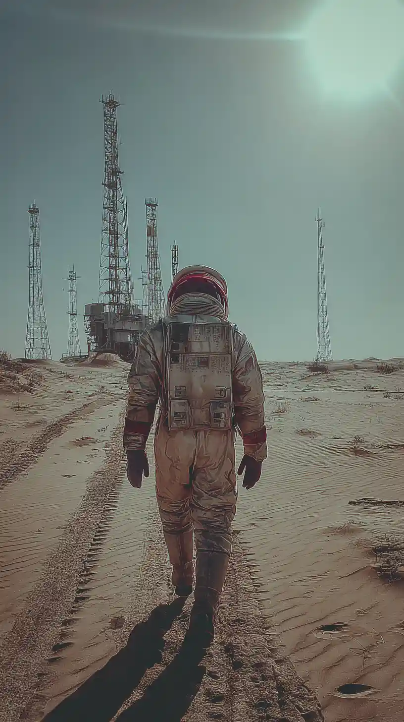 Astronaute solitaire traversant des dunes aux deux soleils vers un monolithe alien