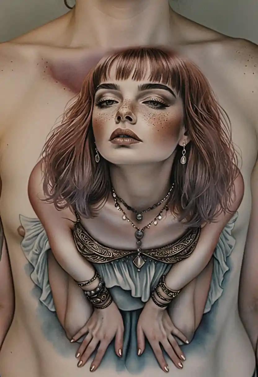 Mystical red haired girl seen from above by a dark lake
