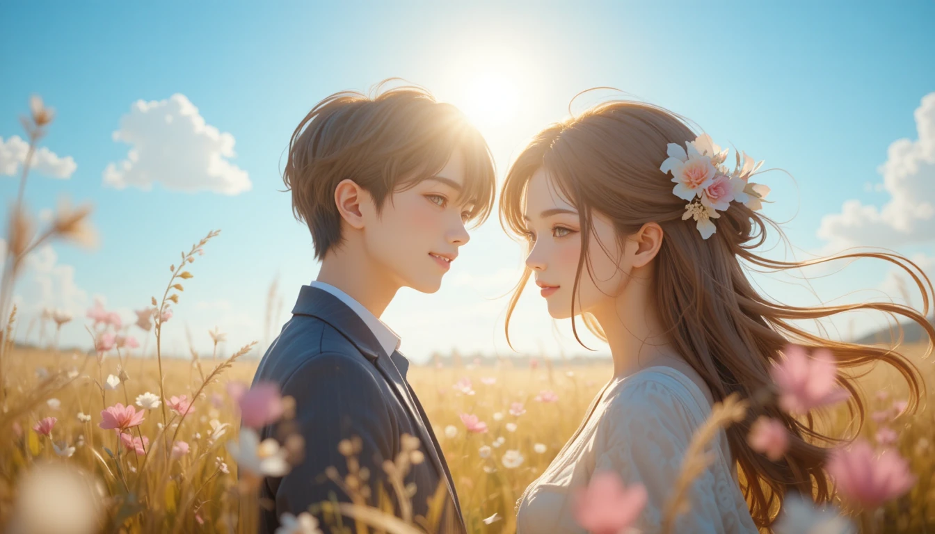 Pareja de anime sonriendo en un campo soleado