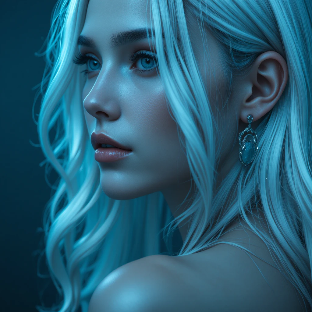 Cinematic close up of platinum hair with silver earring