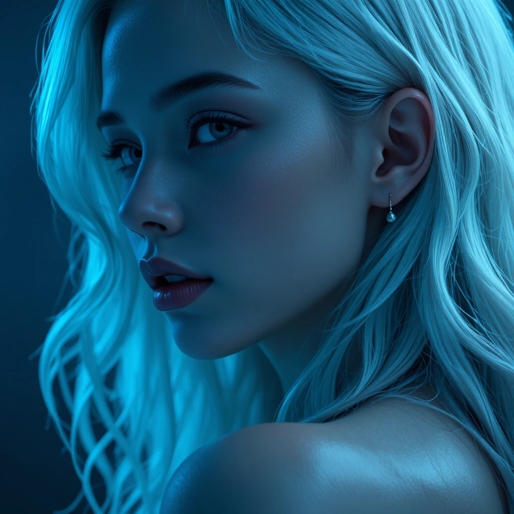 Ritratto cinematografico in primo piano di donna con capelli ondulati color platino
