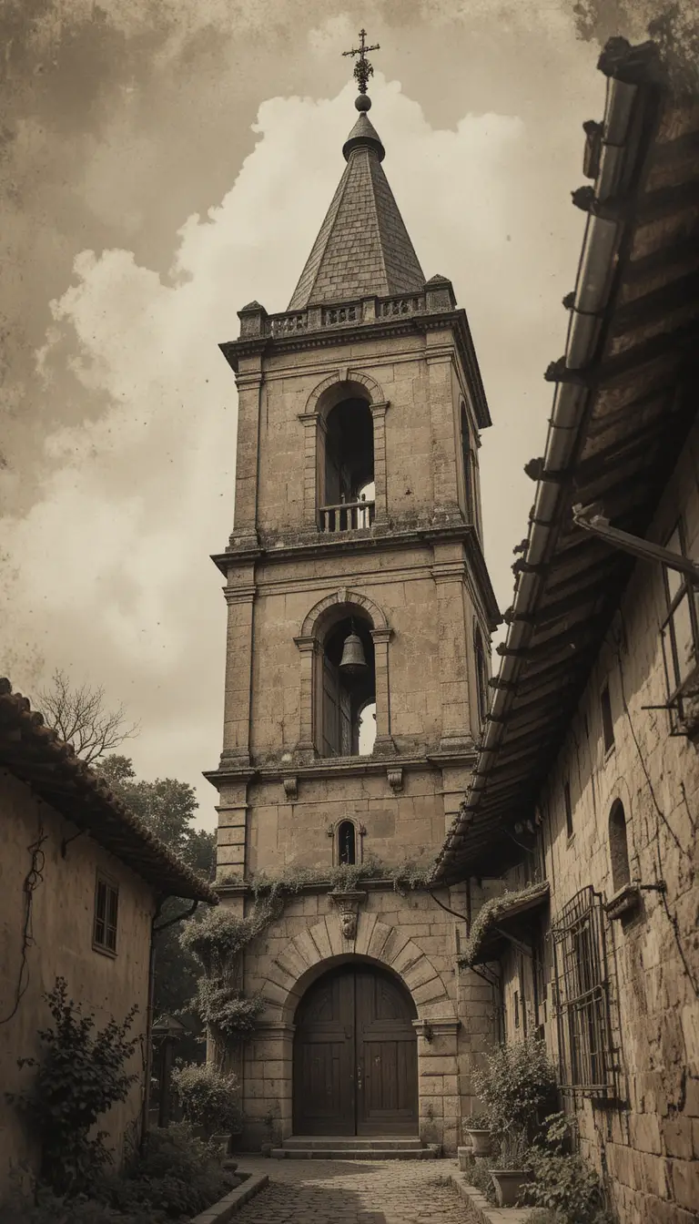 Antigua torre de campanario del pueblo en estilo acuarela sepia desvanecido