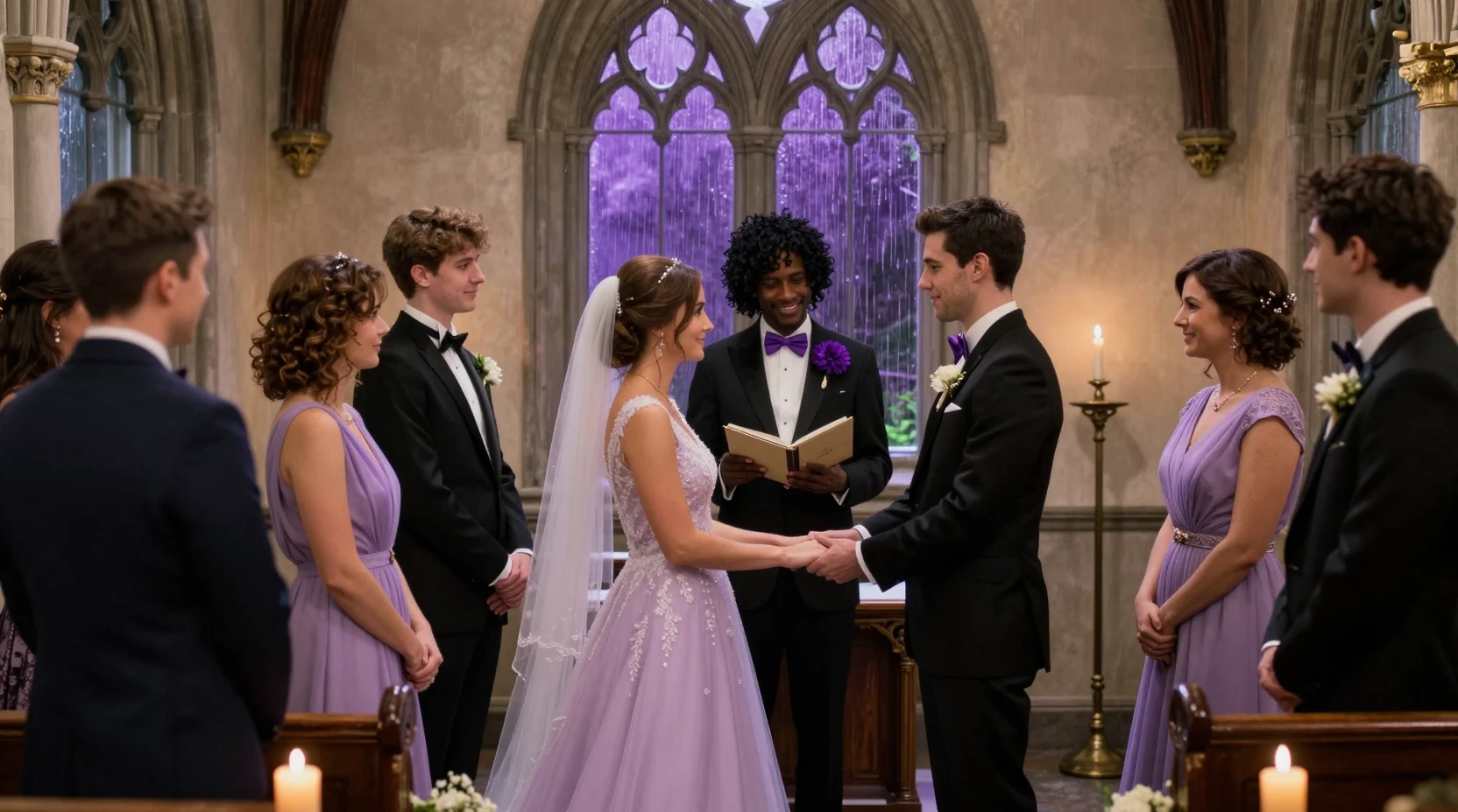 Junges Paar hält Händchen in gotischer Hochzeitskapelle