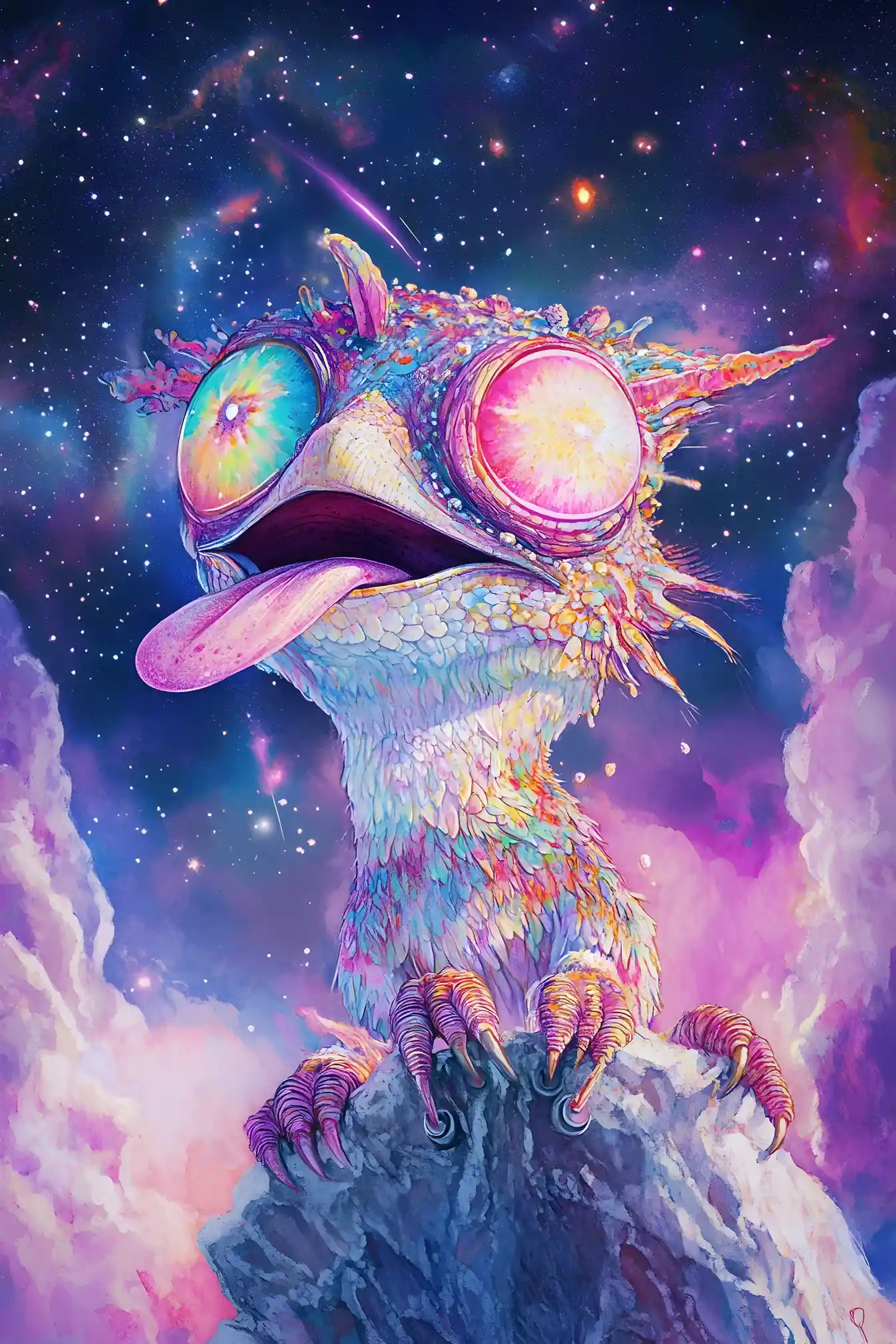 Whimsical puppet skating through a glowing cosmic galaxy