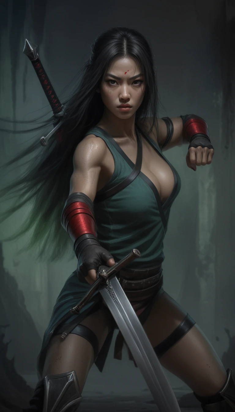 Muscular Asian warrior woman facing forward in dramatic light