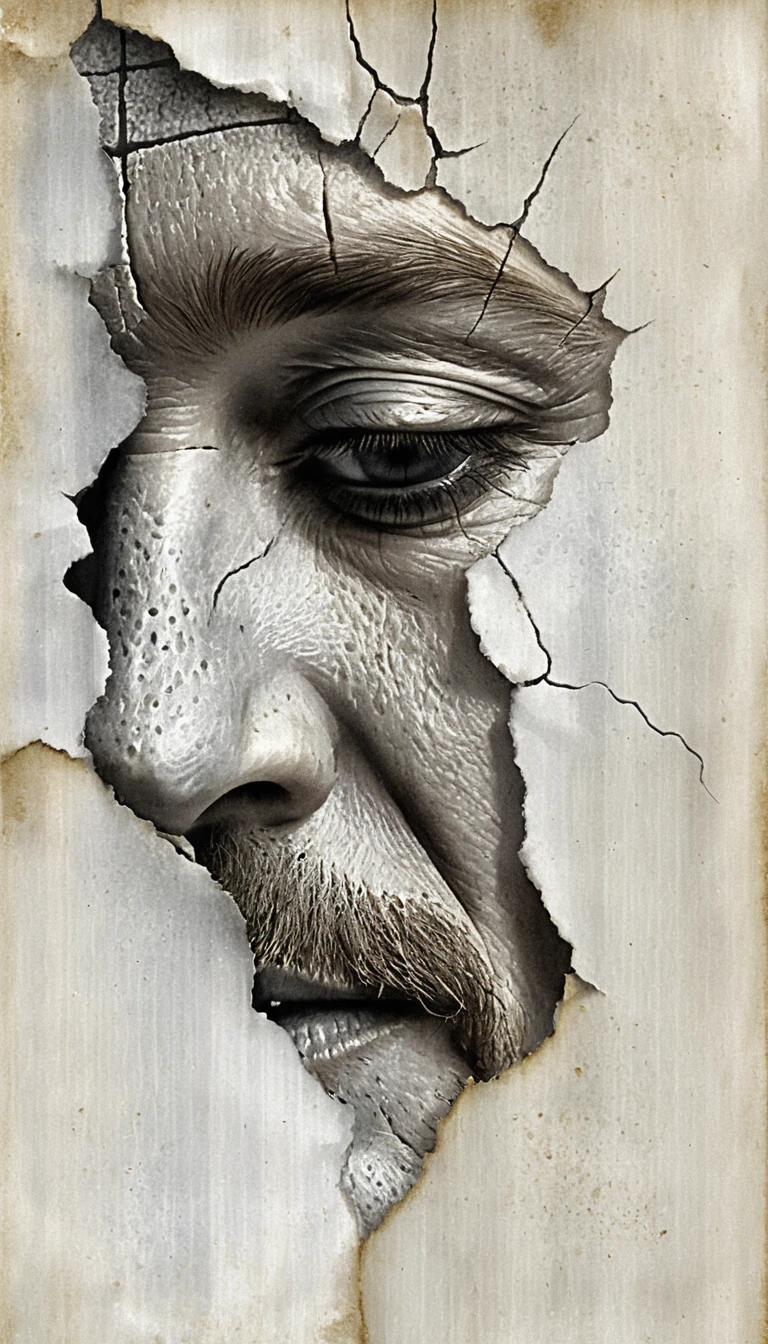 Fragmentiertes älteres Männergesicht in Mixed Media aus der Nähe
