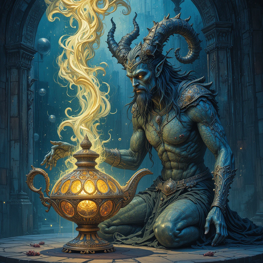 Misterioso Djinn Accanto a una Lampada Magica Finemente Intagliata