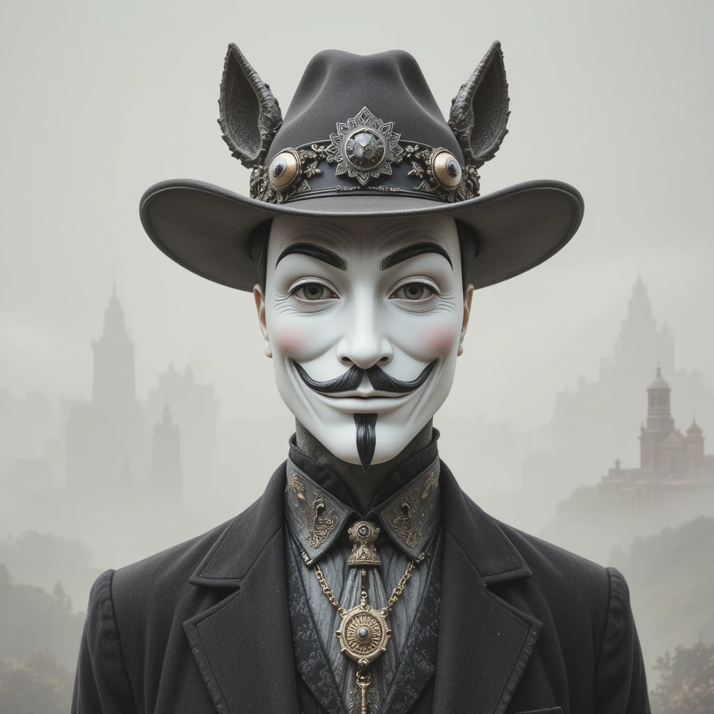 Sheriff surreal con máscara de porcelana en un desierto rocoso