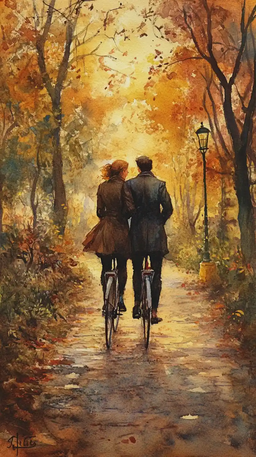 Romantic couple walking with bicycles along a stone path
