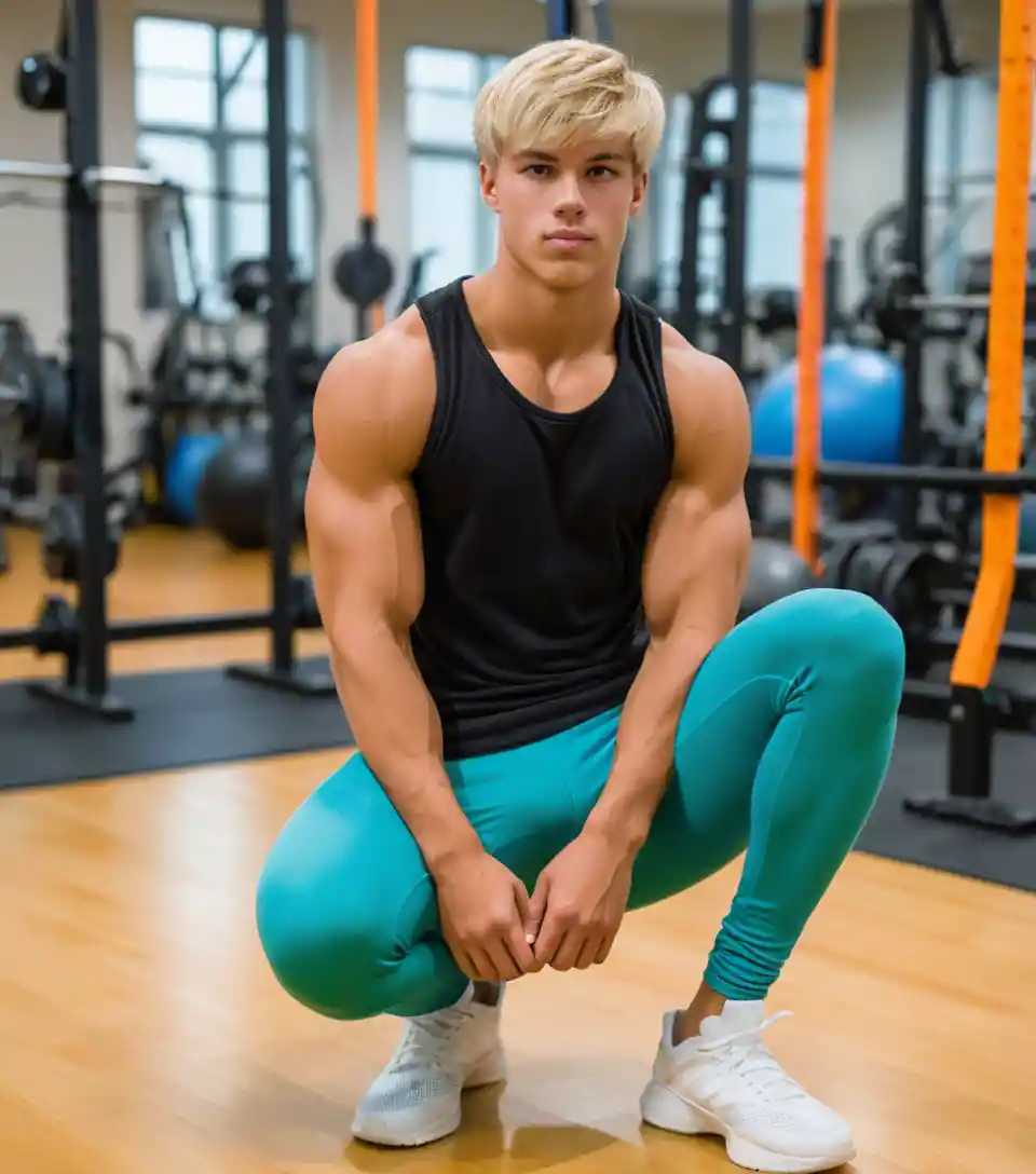 Young muscular blond man sitting on gym exercise ball