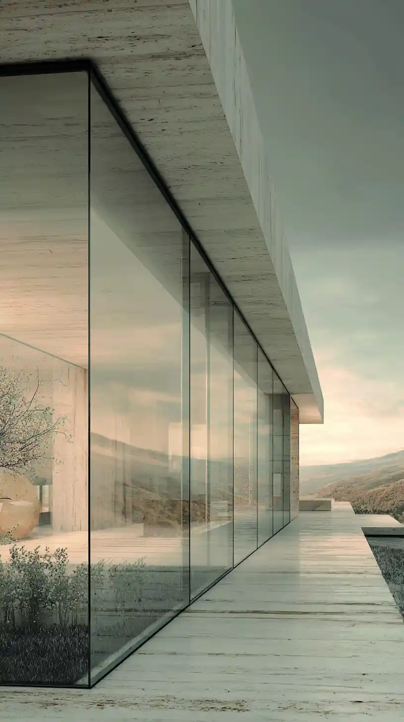 Arquitectura moderna serena con líneas puras y espacio abierto