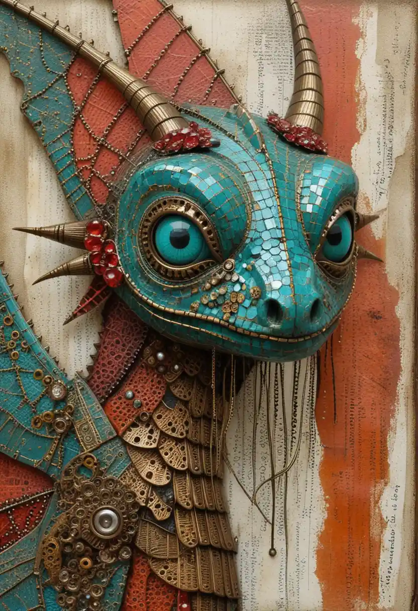 Steampunk dragon profile in mixed media fantasy painting