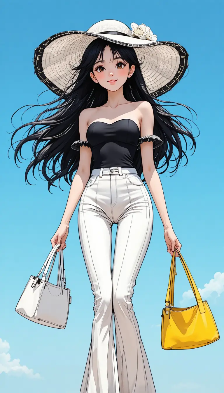 Stylish manga woman walking under a clear blue sky