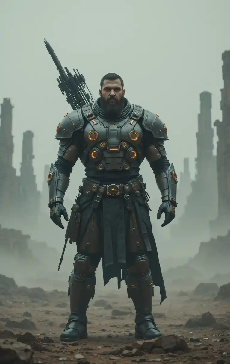 Armored archer warrior in misty futuristic ruined cityscape