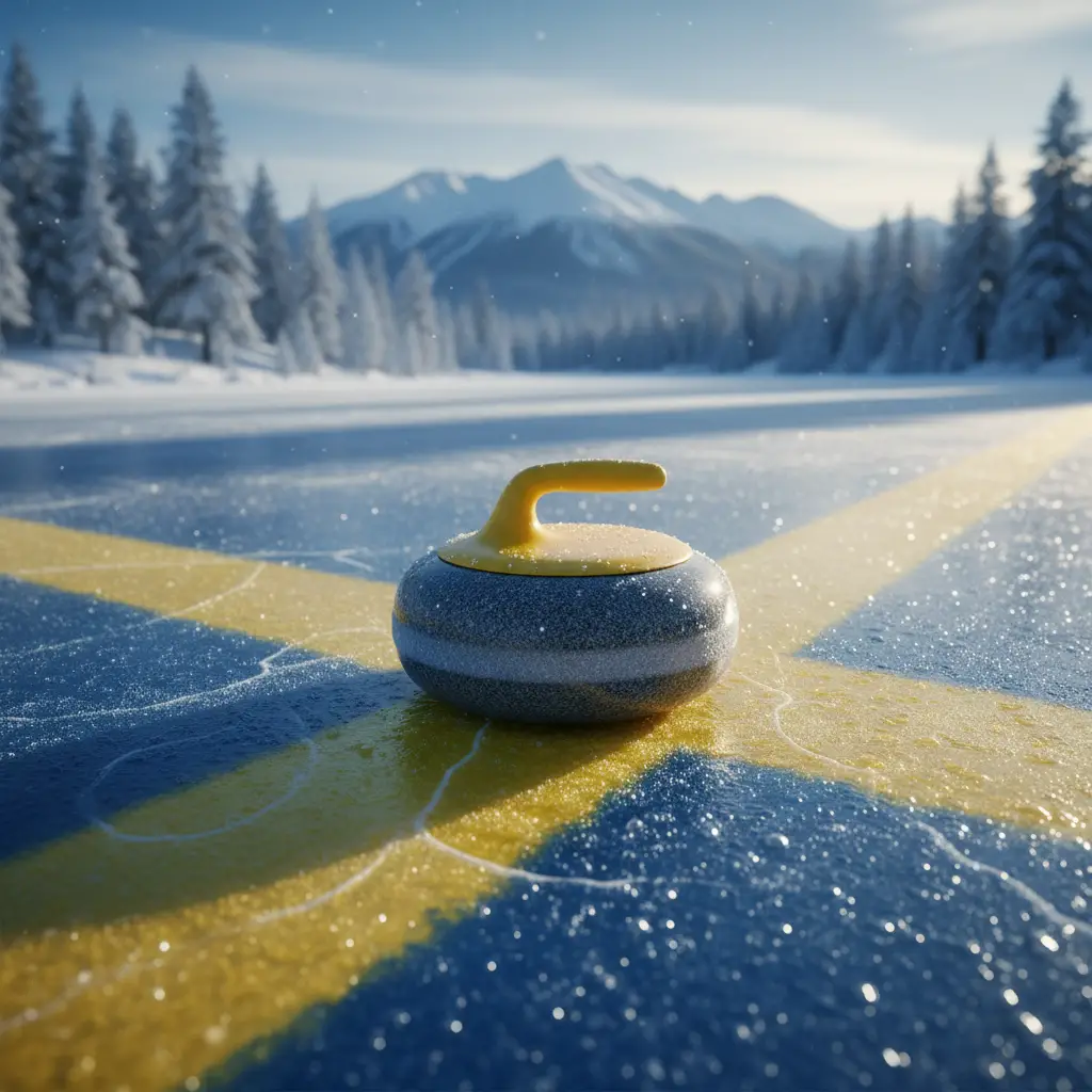 Pietra da curling svedese su una pista di ghiaccio invernale ghiacciata
