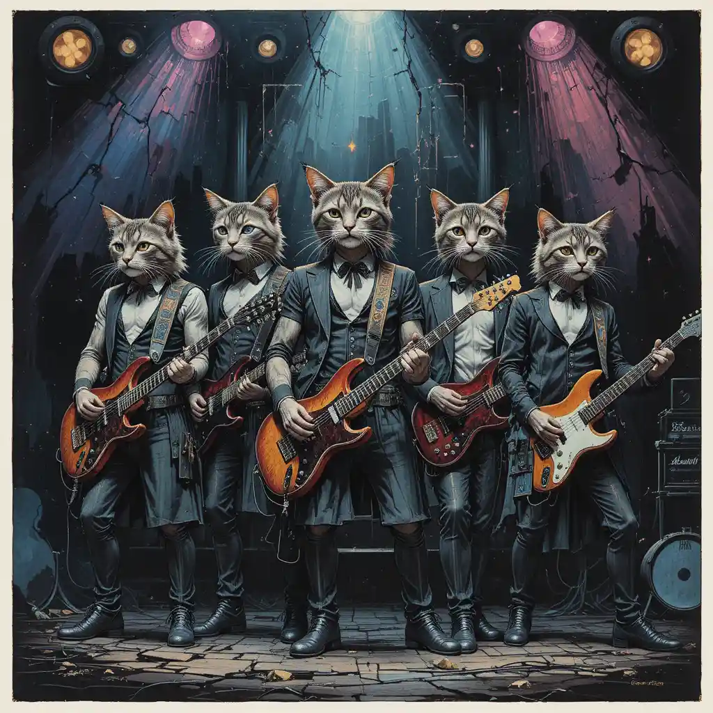 Fantasy rock band of five cats performing on stage