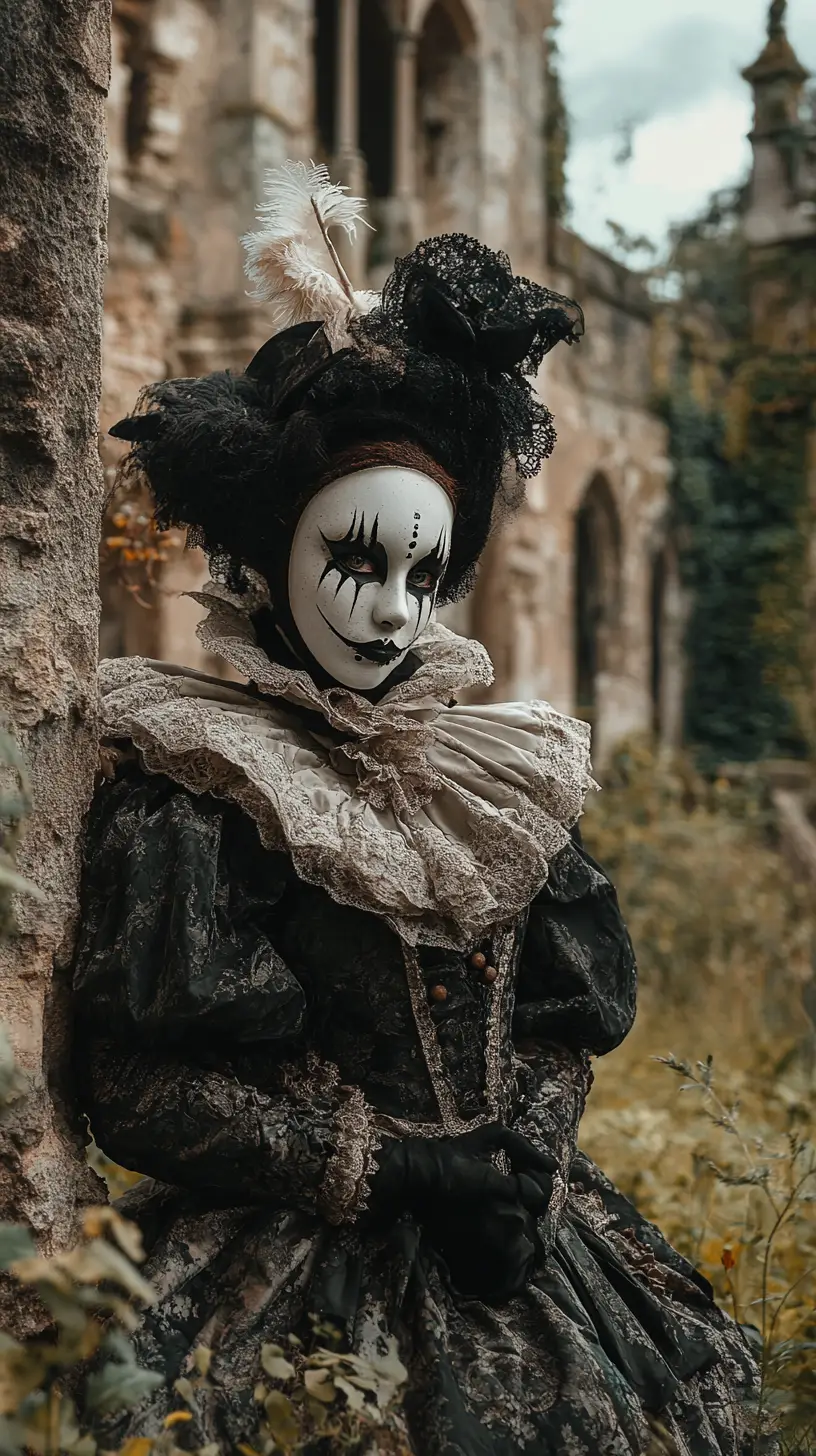Lone harlequin in black and white amid ancient castle ruins