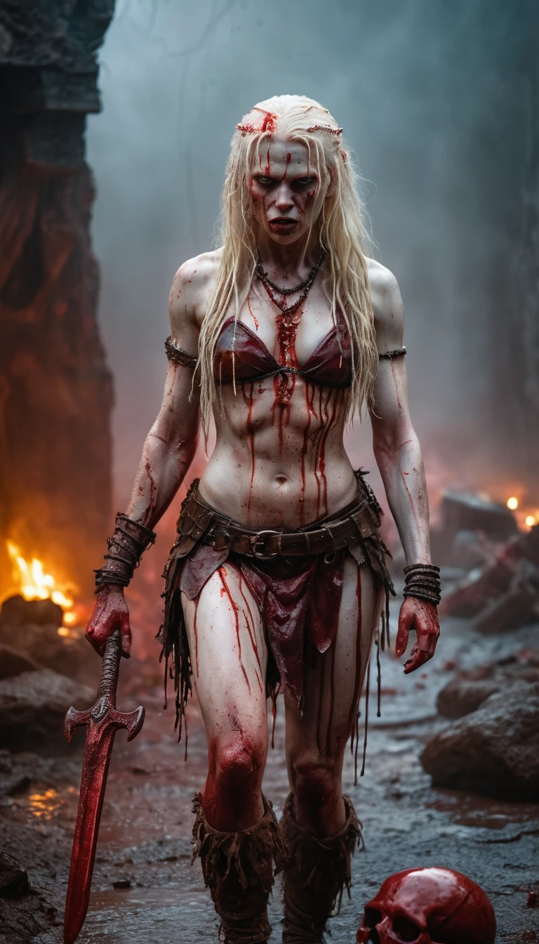 Albino barbarian woman standing in blood soaked battlefield