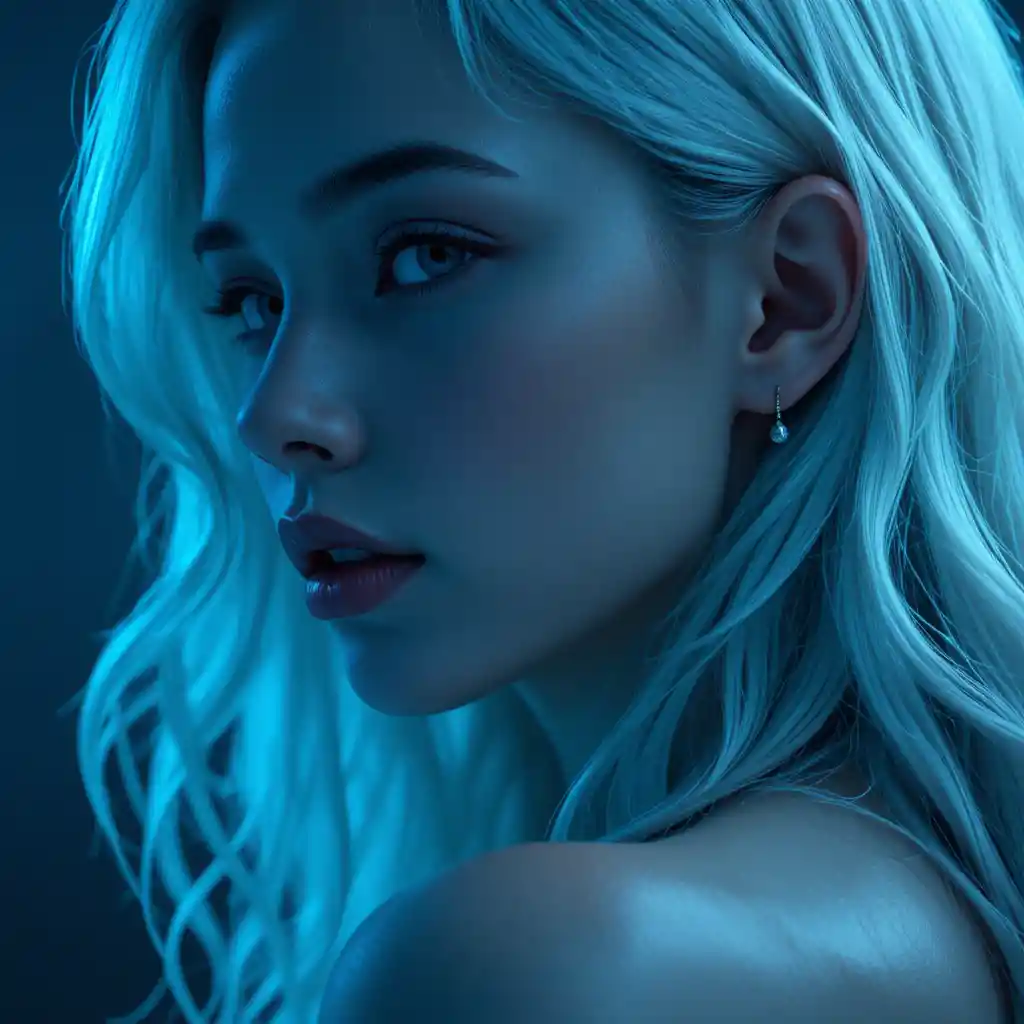 Ritratto cinematografico in primo piano di donna con capelli ondulati color platino