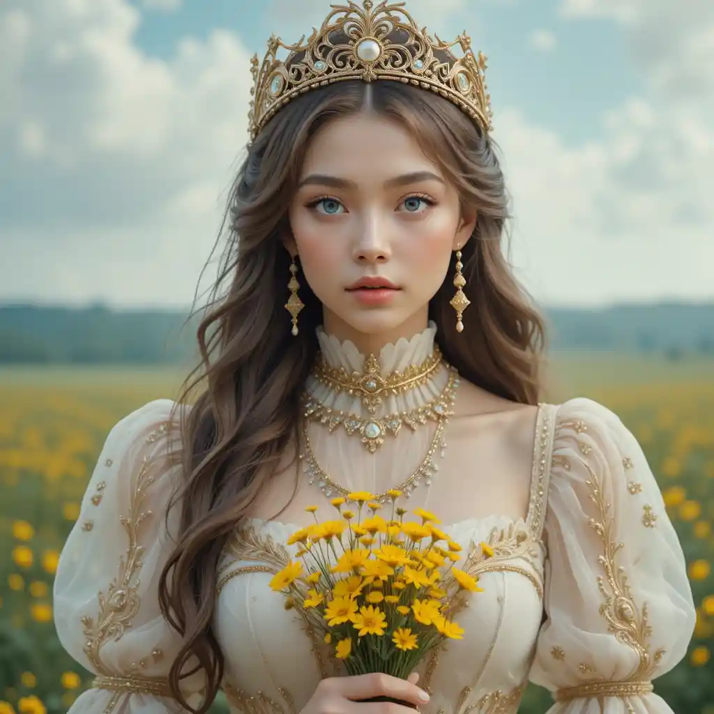 Fantasy princess portrait with crown and yellow wildflowers