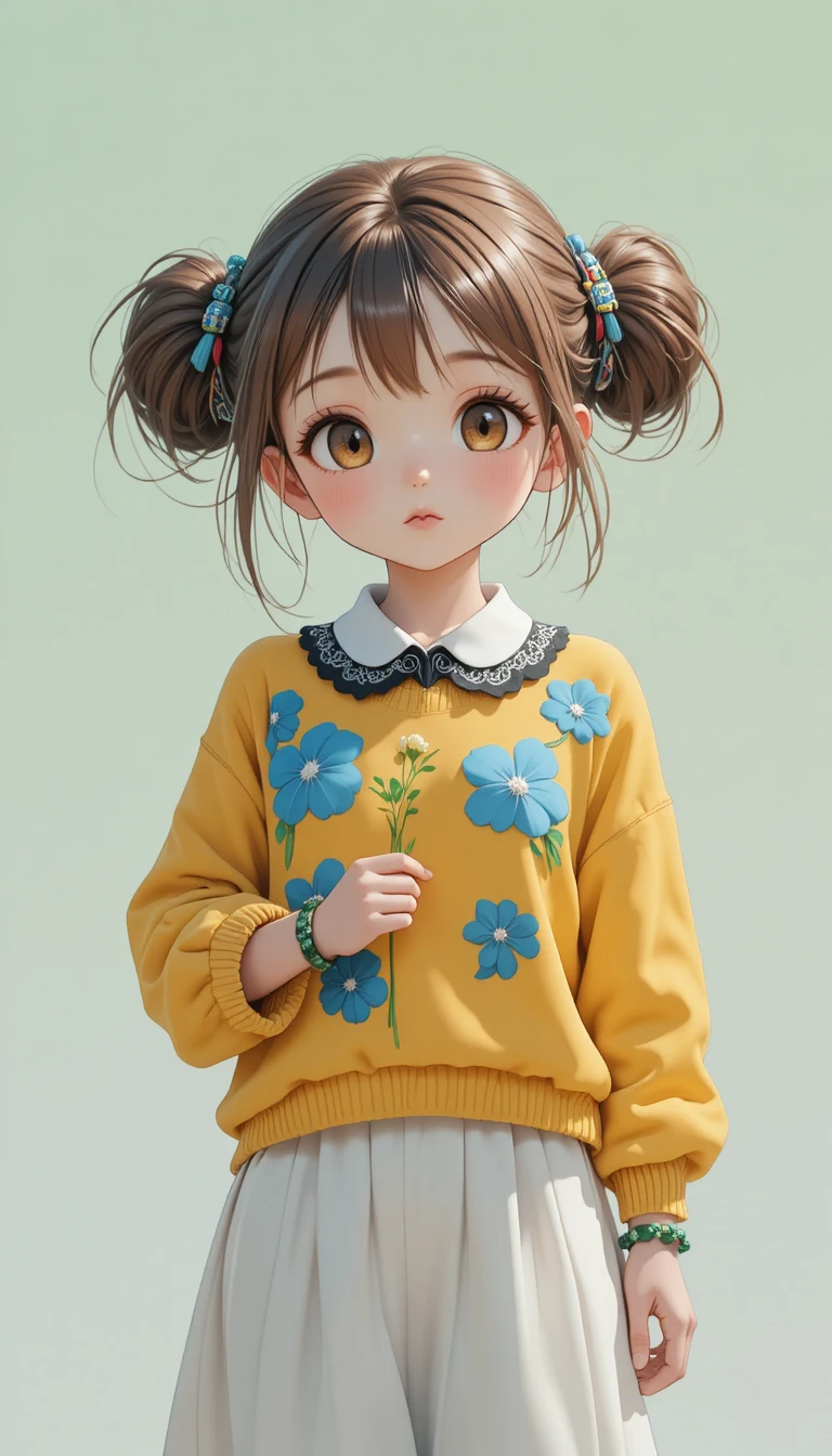 Doce garota de anime com suéter floral segurando um broto verde