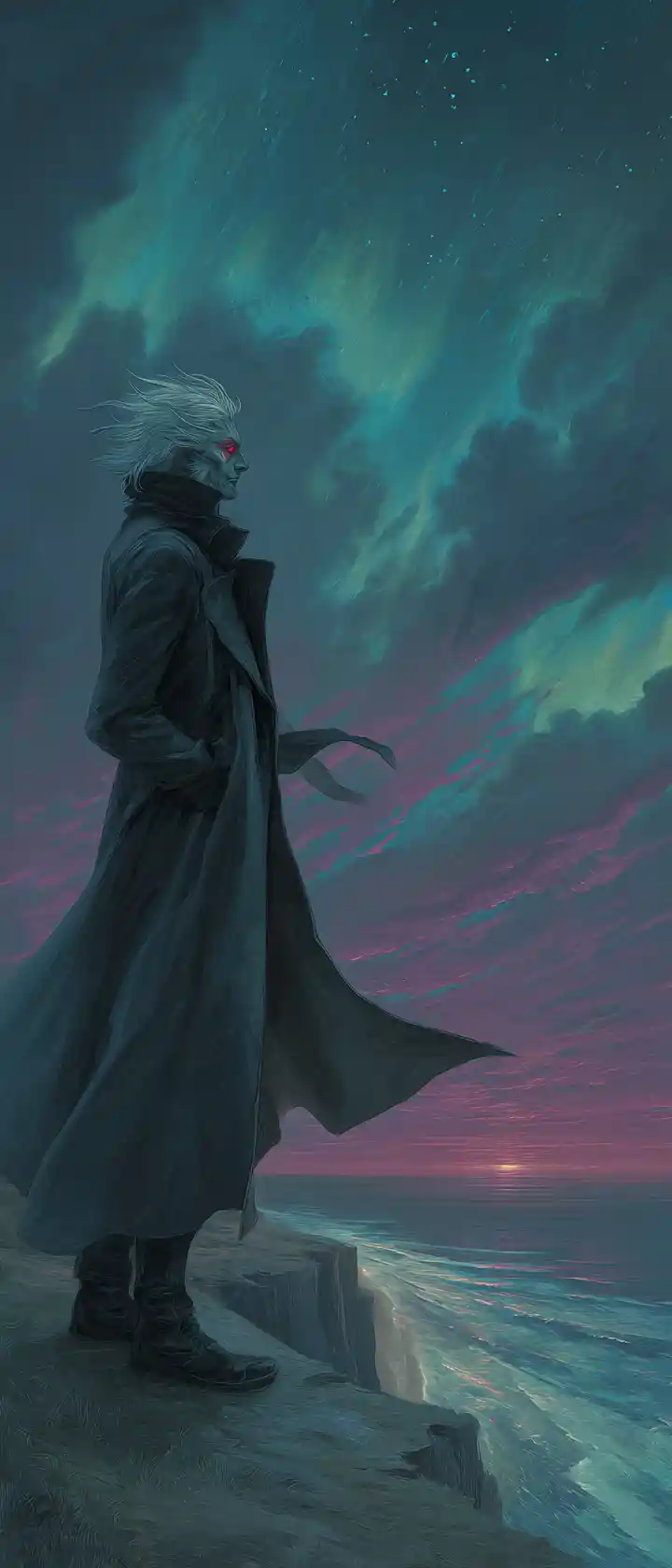Vampiro en un acantilado azotado por el viento bajo la aurora de la noche polar