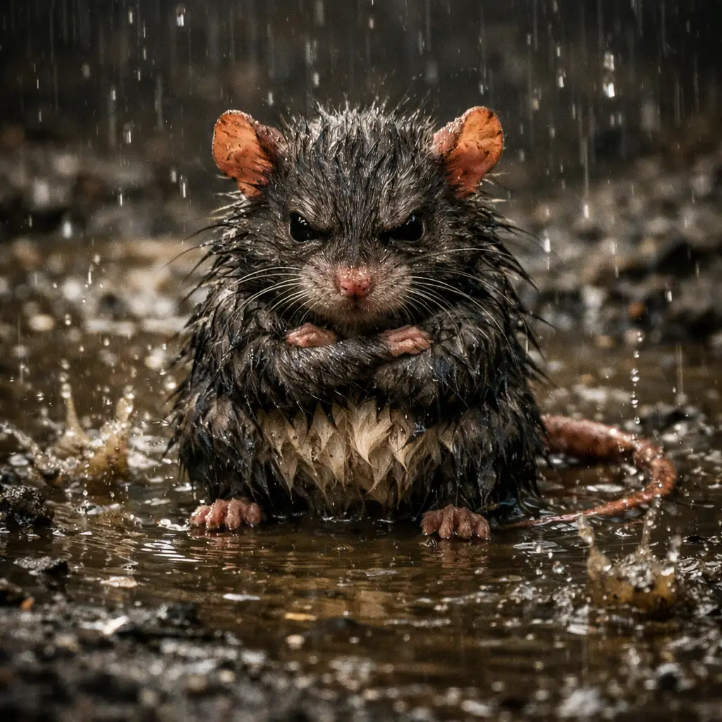 Wet Grumpy Rat Sitting In A Muddy Rain Puddle
