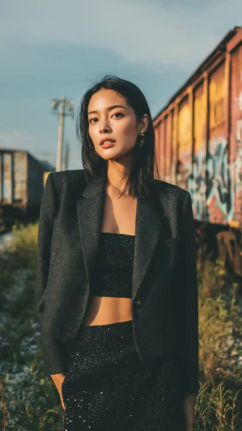 Stylish young woman walking confidently in urban train yard